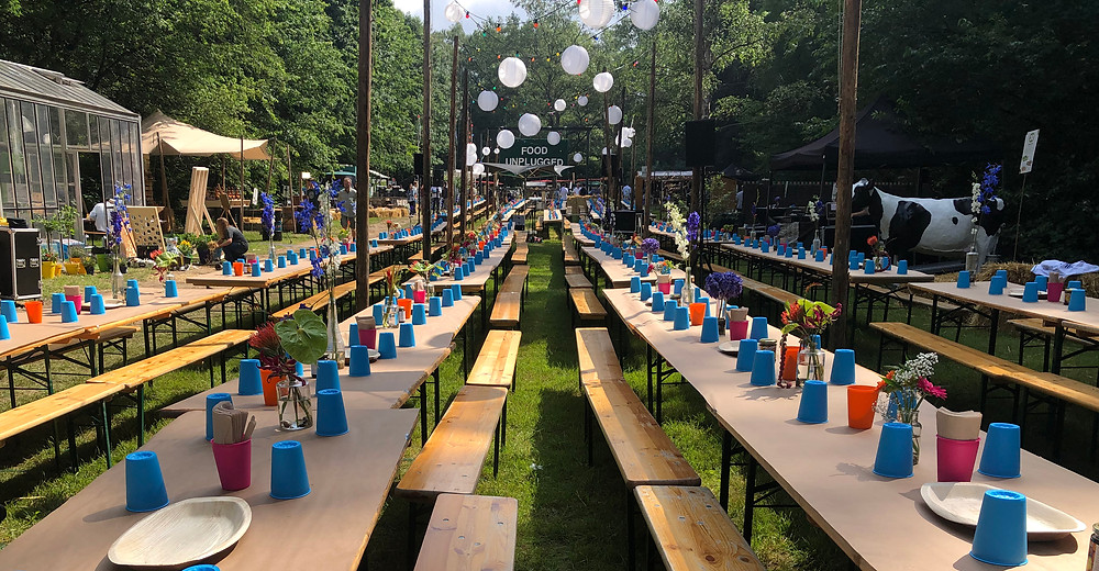 EcoCore® reusable cups from Depa on tables ready for festival goers