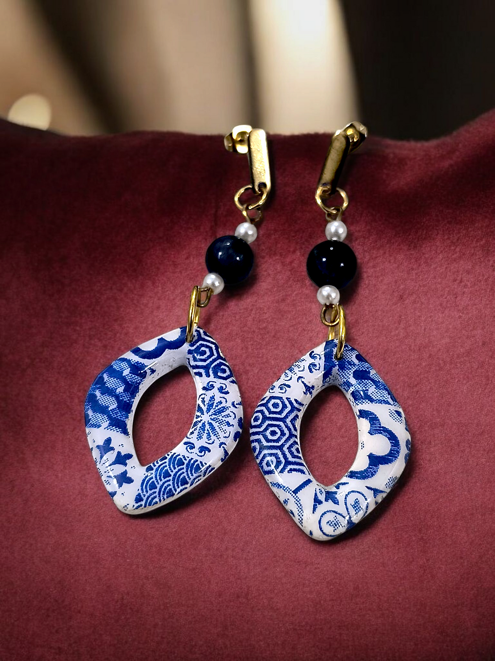 Lisbon Tiles Hoop Earrings Goa Handmade Jewelry with GoldPlated SS Stud