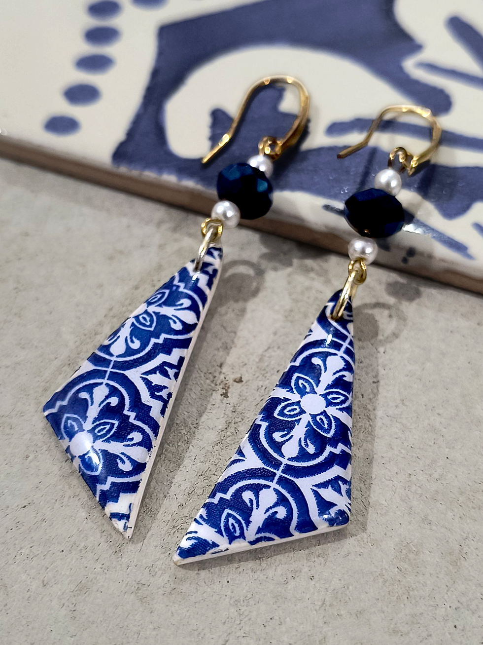 Azulejo Tiles Earrings Boho Goa Fashion Resort Wear Gold Plated SS Hooks