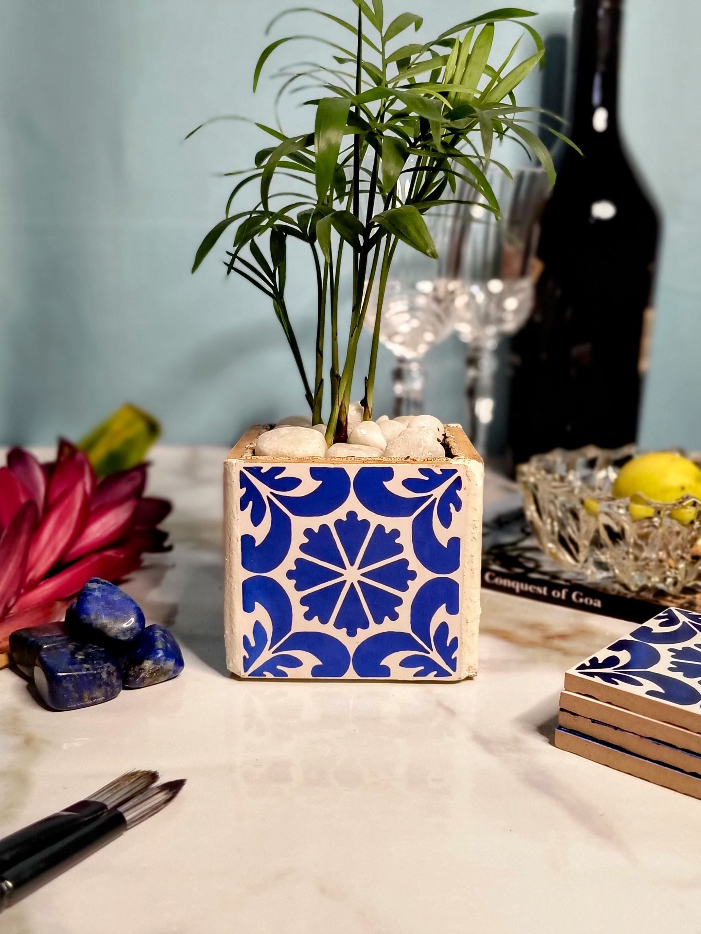 COBALT GARDEN | Handmade Tabletop Mini Planter | Goa Blue White Azulejos Tiles