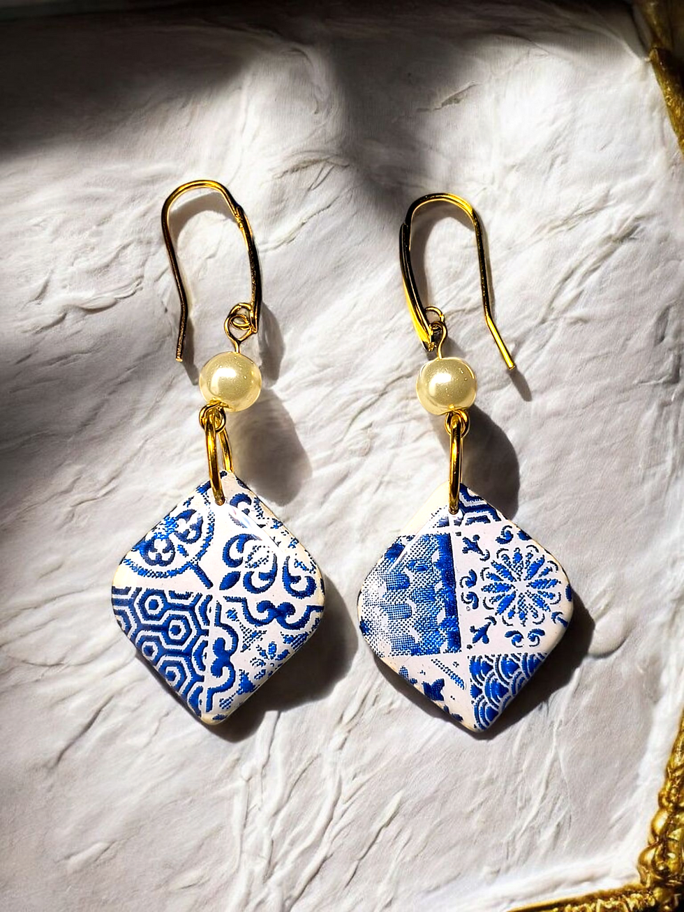 A closeup image of Azulejo Tiles Drop Earrings with Glass Pearl beads by O Artesao