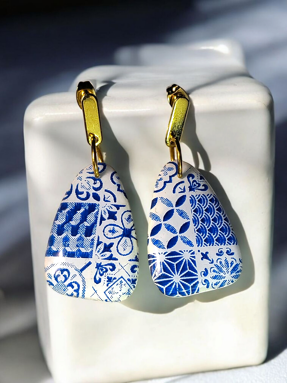 Closeup image of Portuguese Azulejos Tiles Earrings by O Artesao