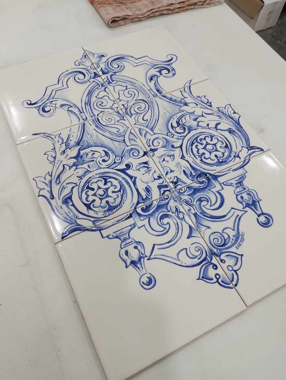 Thumbnail: Azulejo Tiles Hand-painted Art Panel 6-Tiles | Goa Home Decor Wall Art |  18x12"
