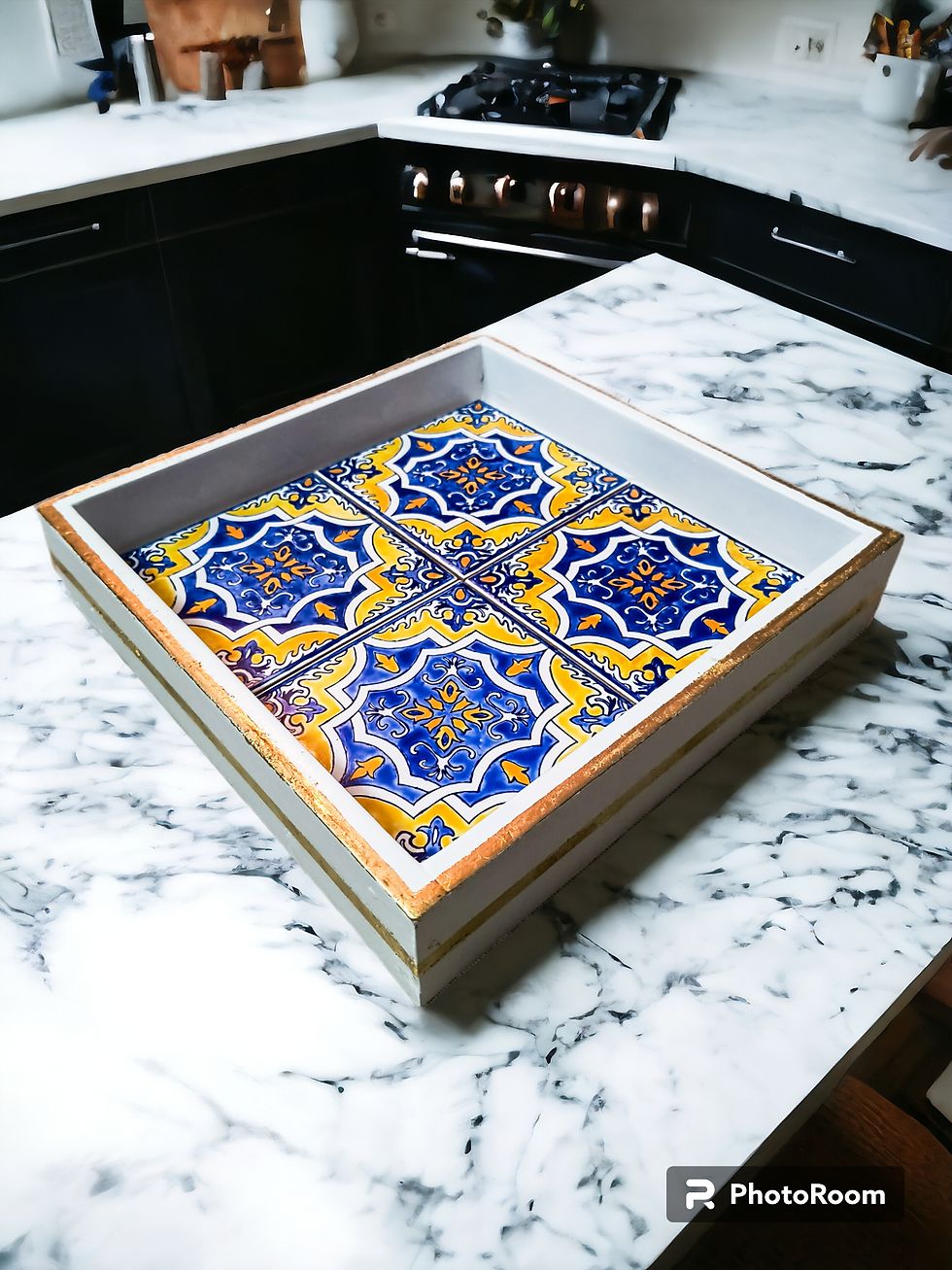 Thumbnail: LEMONDROP | Mini Serving Tray | White with Gold Rim & Handpainted Azulejos Tiles