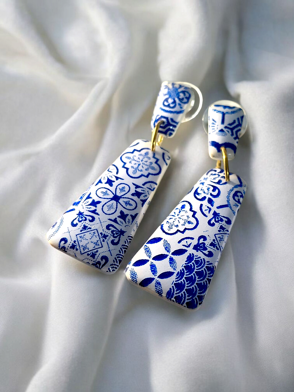 A closeup image of Portugal Azulejo Tiles Clay Earrings Handmade Goa Jewellery Resort Wear