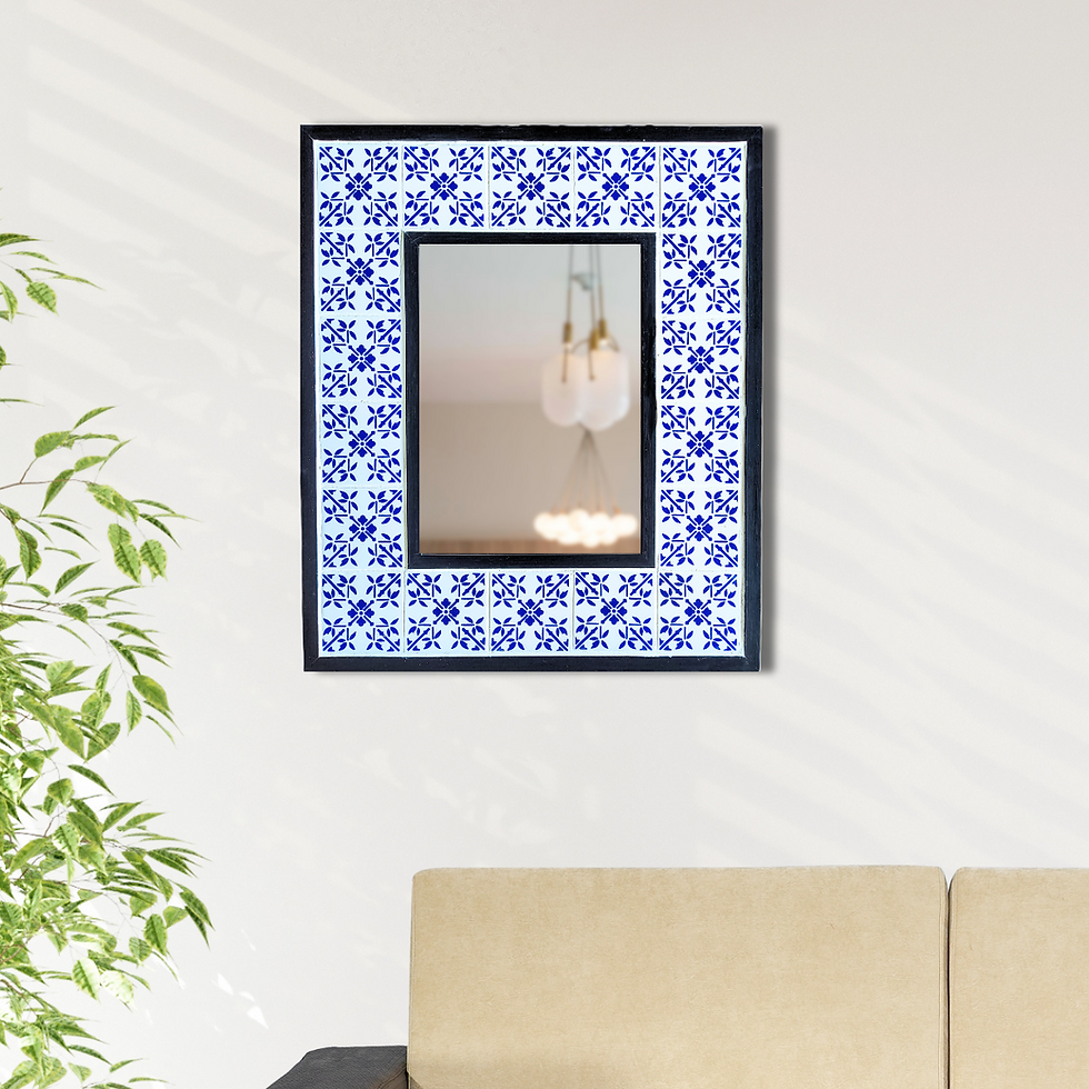 A Double Frame Mirror with Lisbon Blue White Azulejos Tiles by O Artesão, mounted on the wall of a living room