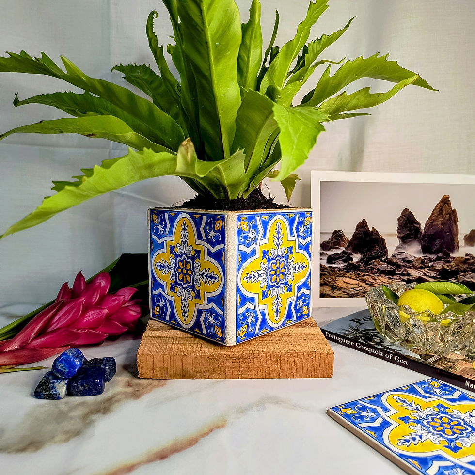 Thumbnail: An image of YELLOW PETAL | HandPainted 4.25'' Ceramic Tile Planter made with Goa-Portuguese Azulejos Tiles by O Artesao