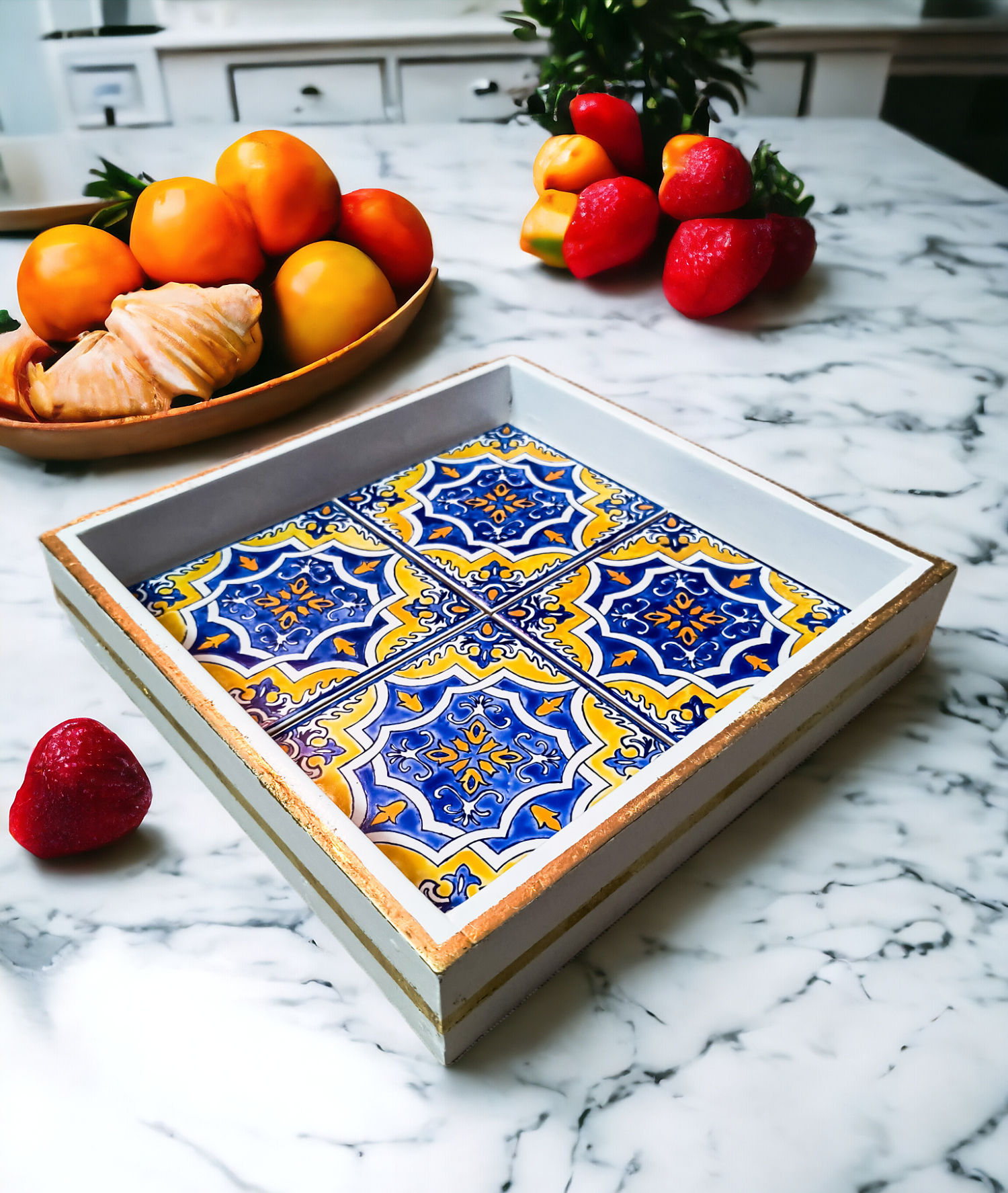LEMONDROP | Mini Serving Tray | White with Gold Rim & Handpainted Azulejos Tiles