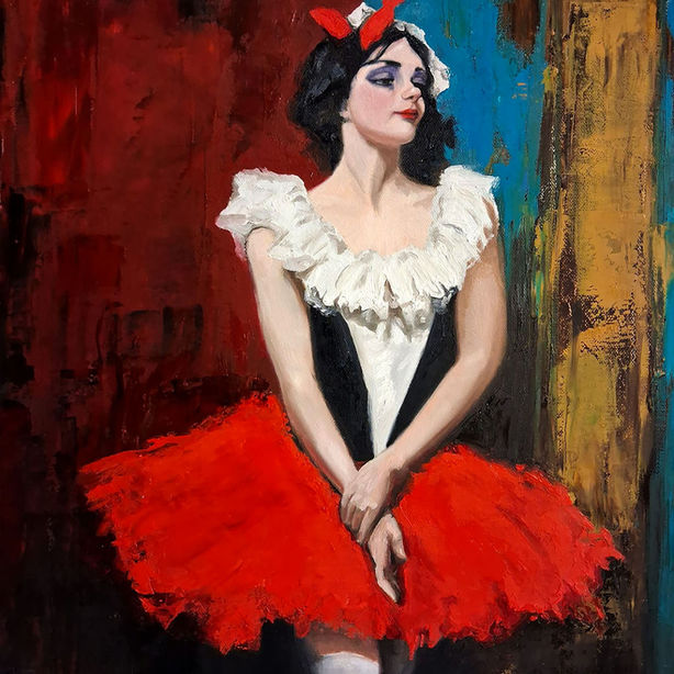 Young dancer standing with hands crossed in front of flame red tutu waiting for her audition