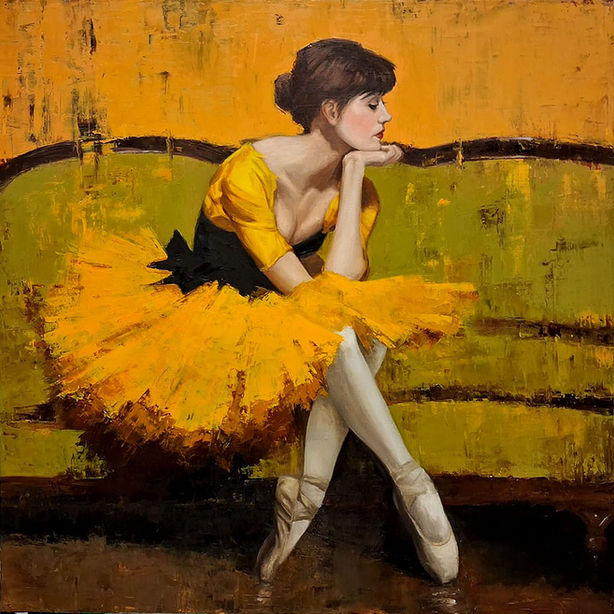 Seated ballerina on old green chaise in bright sunflower tutu