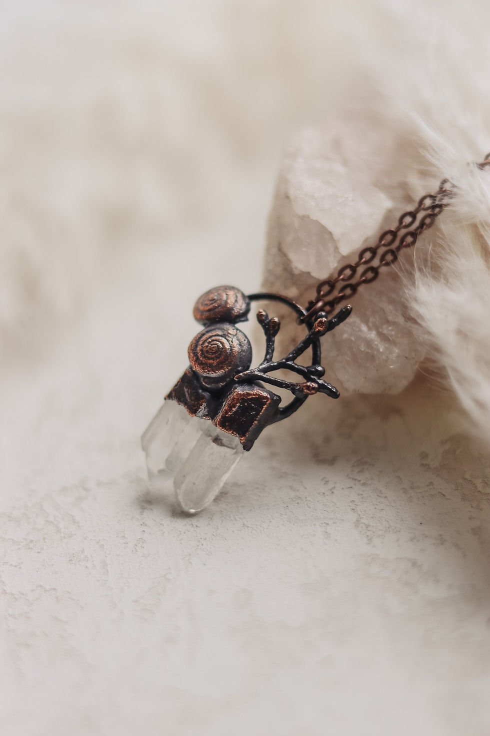 Thumbnail: Snail Shell & Juniper Sprig Quartz Necklace