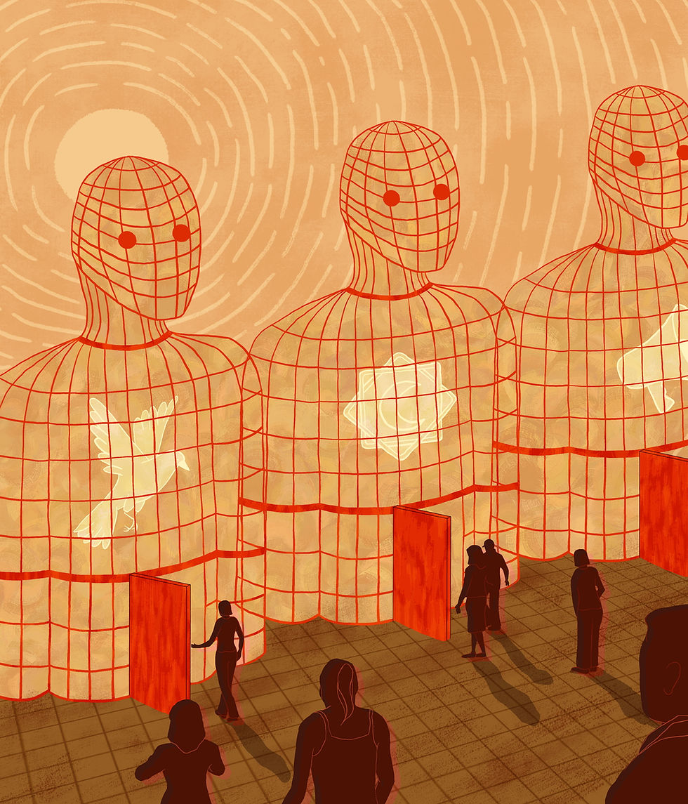 An abstract digital illustration features large humanoid figures made of red wireframe-like grids, standing against a swirling, fingerprint-textured background in warm tones of orange and beige. Each figure has a glowing white symbol inside its chest—a bird, a geometric shape, and an indistinct form—suggesting metaphors of spirit or identity. Red doorways are embedded in their lower torsos, with small human silhouettes entering or approaching them. The scene evokes themes of introspection, passage, or transformation.