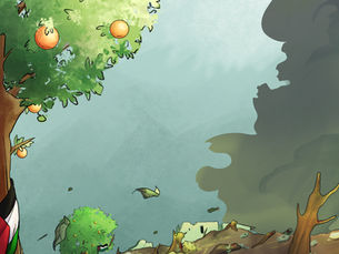 Lush green tree with oranges over destroyed landscape. Debris scattered, dark smoke in sky. Piece of fabric with red, white, and green visible.