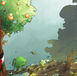 Lush green tree with oranges over destroyed landscape. Debris scattered, dark smoke in sky. Piece of fabric with red, white, and green visible.