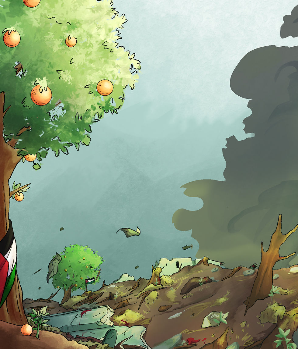 Lush green tree with oranges over destroyed landscape. Debris scattered, dark smoke in sky. Piece of fabric with red, white, and green visible.