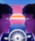 Two purple faces in profile, mirroring each other against a vibrant sunset. An Indian chakra with a white arrow is centered below.