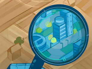 A robotic hand holds a magnifying glass, revealing a detailed cityscape in blue tones, over a simplified aerial city map with trees.