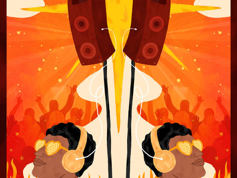 Two people wearing headphones with swirling patterns, vibrant orange and yellow background with speakers, abstract crowd, and raised hands.