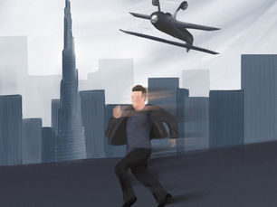 Tom Cruise running in a cityscape, pursued by a low-flying plane. Skyscrapers, including a tall tower, dominate the grayish-blue background.