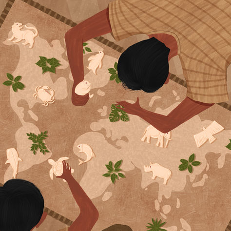 Two people are arranging small animal figures and leaves on a world map with a brown, patterned background. The scene feels creative and engaged. Illustration for The Ecology of Uprooting, Forced Migration and the More-Than-Human World.