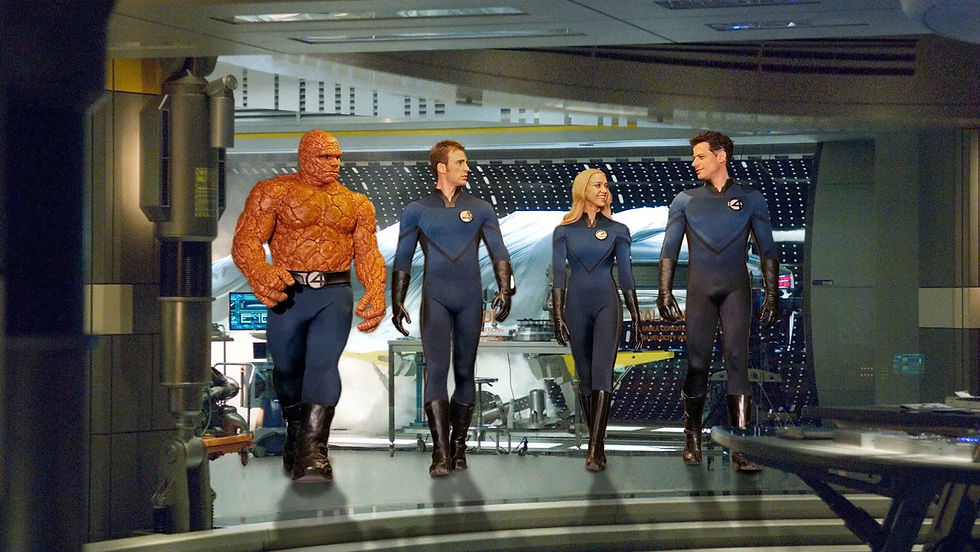 Four people (Fantastic Four: Rise of the Silver Surfer) in futuristic suits walk confidently in a high-tech, metallic room. One has an orange, rocky texture. Mood is determined.