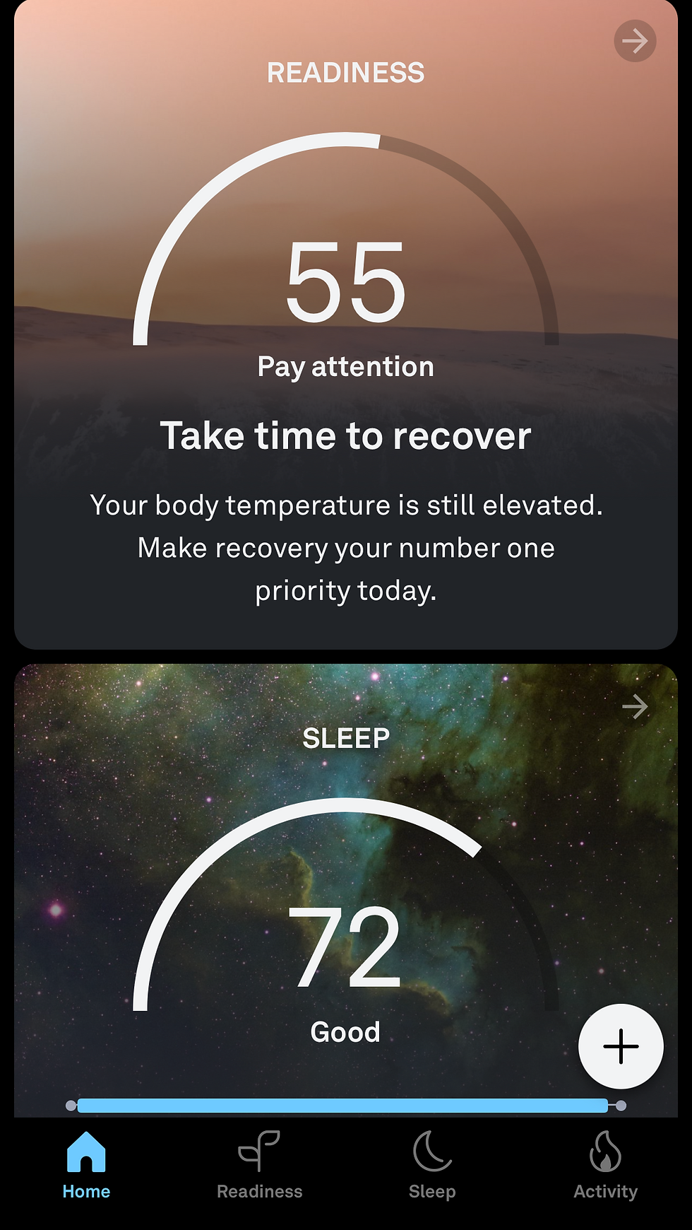The readiness score of a day after having a rather bad sleep with a slightly increased body temperature. The screenshot shows the recommendation to pay attention to recovery.