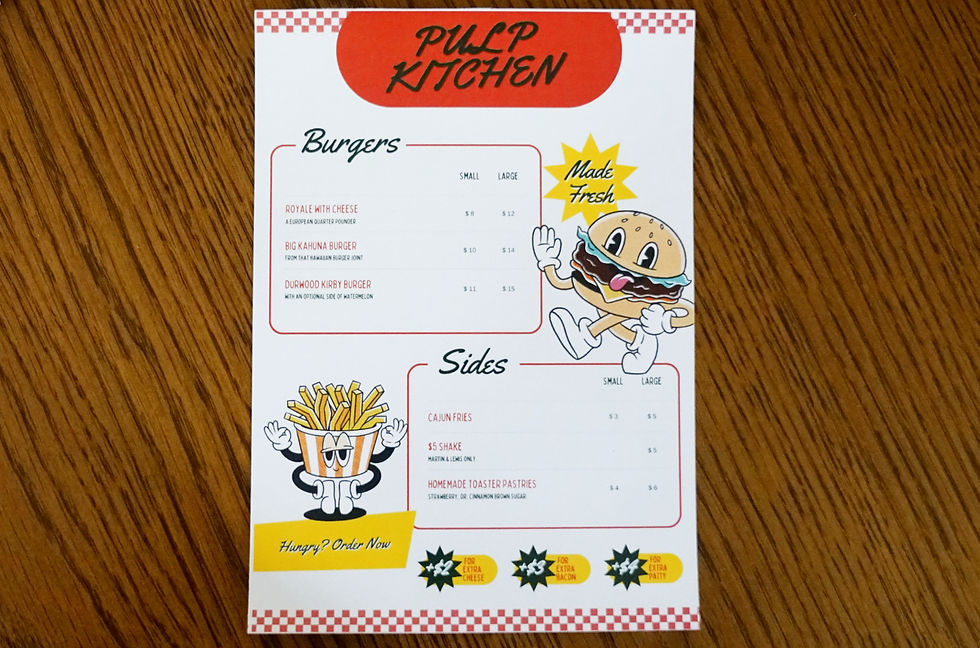 Menu titled Pulp Kitchen on wood table. Illustrated burger and fries. Lists burgers, sides, prices. Red accents, playful design.