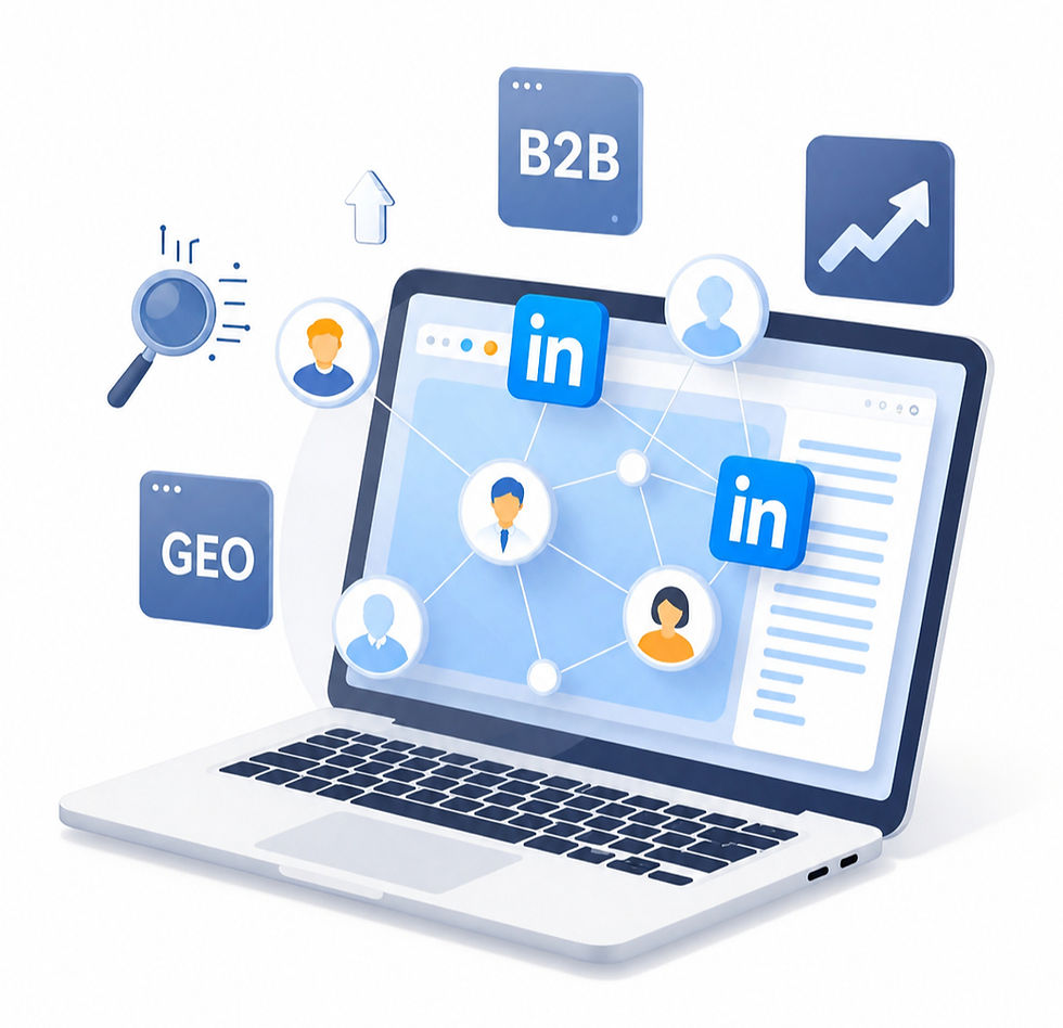 Laptop showing LinkedIn-style network of profile icons, B2B and GEO tiles which complements the growth in B2B companies