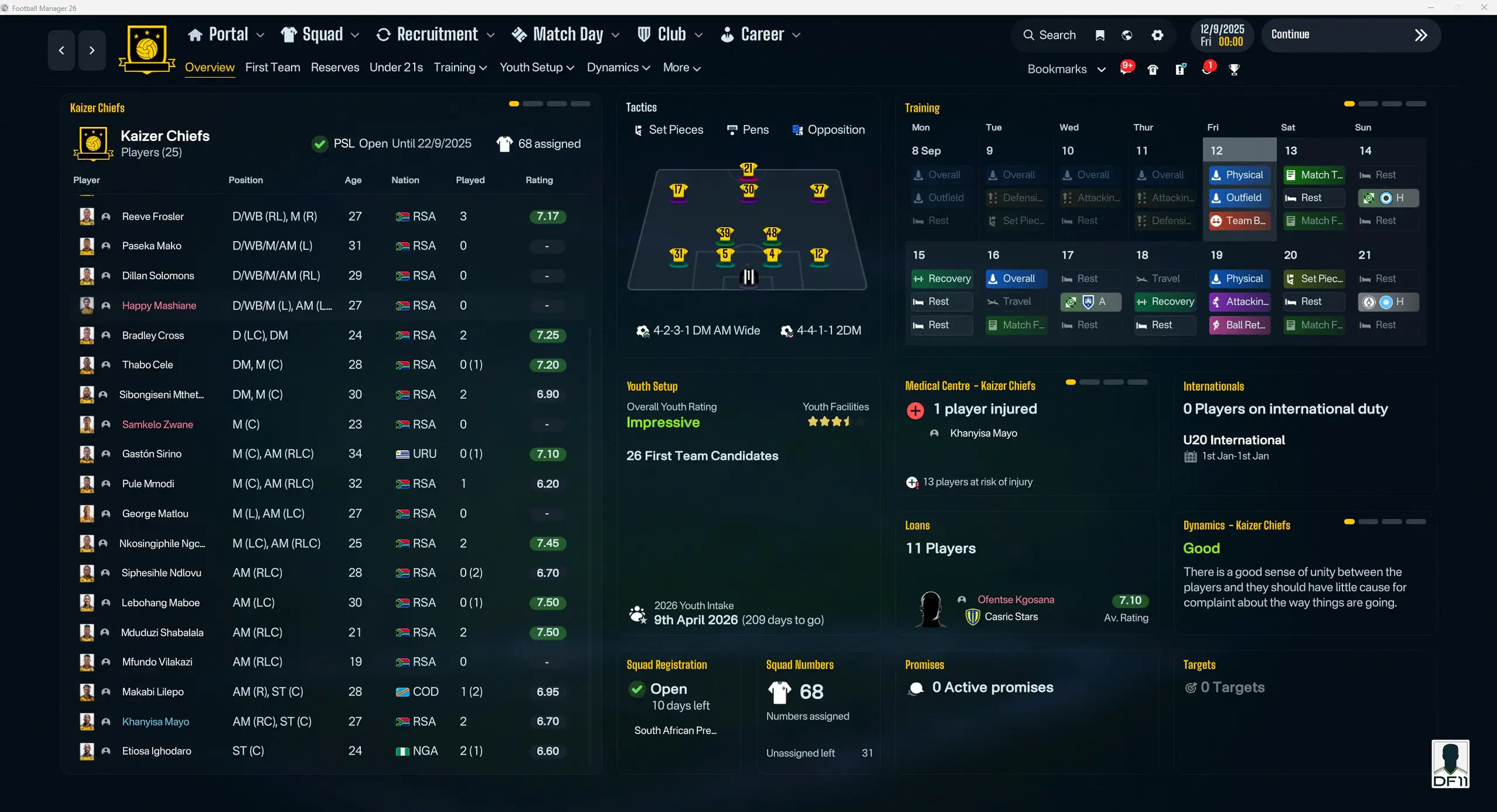 Football Manager 2026 CTRL Skin club overview dashboard with squad list, training schedule and team status