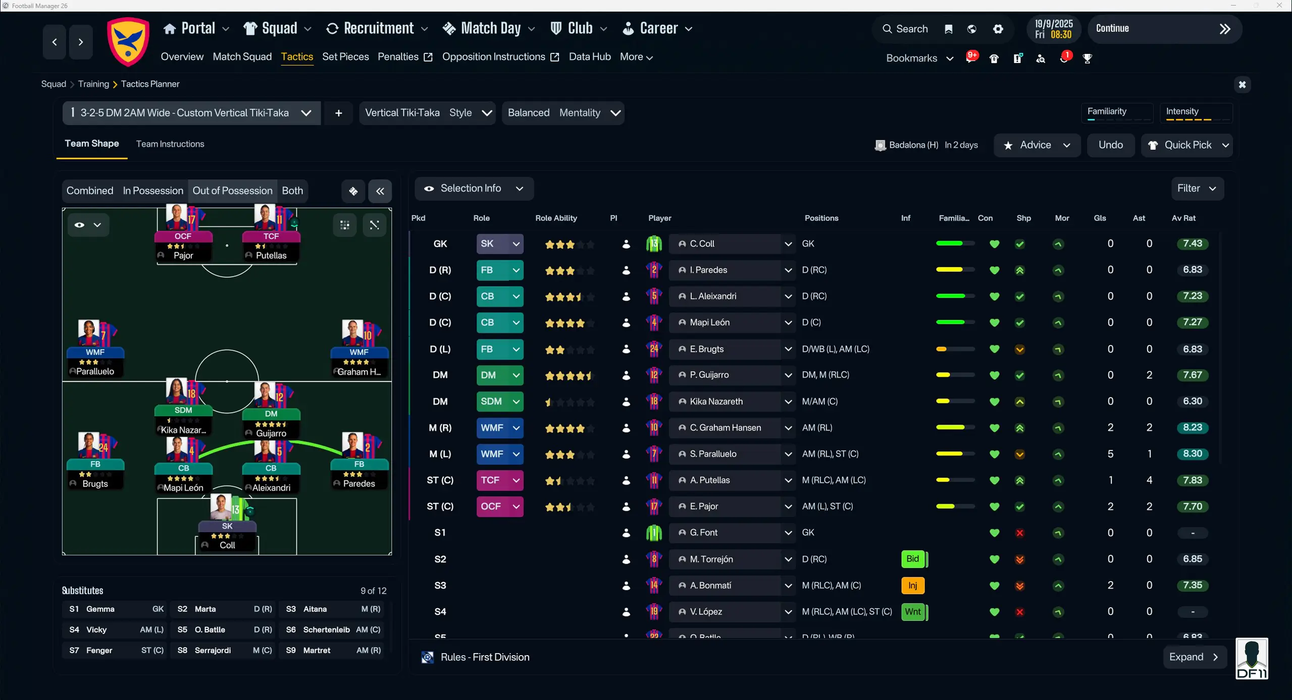 FM26 CTRL Skin tactics screen displaying formation layout, player roles and tactical setup
