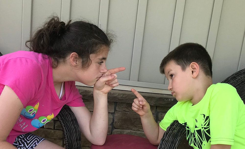Image of young siblings points fingers at each other. Raleigh Psychotherapy, counseling, blame, Katherine Broad