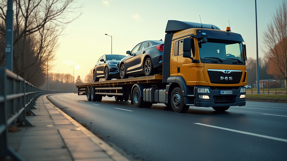 Eye-level view of a flatbed truck loading a car for transport