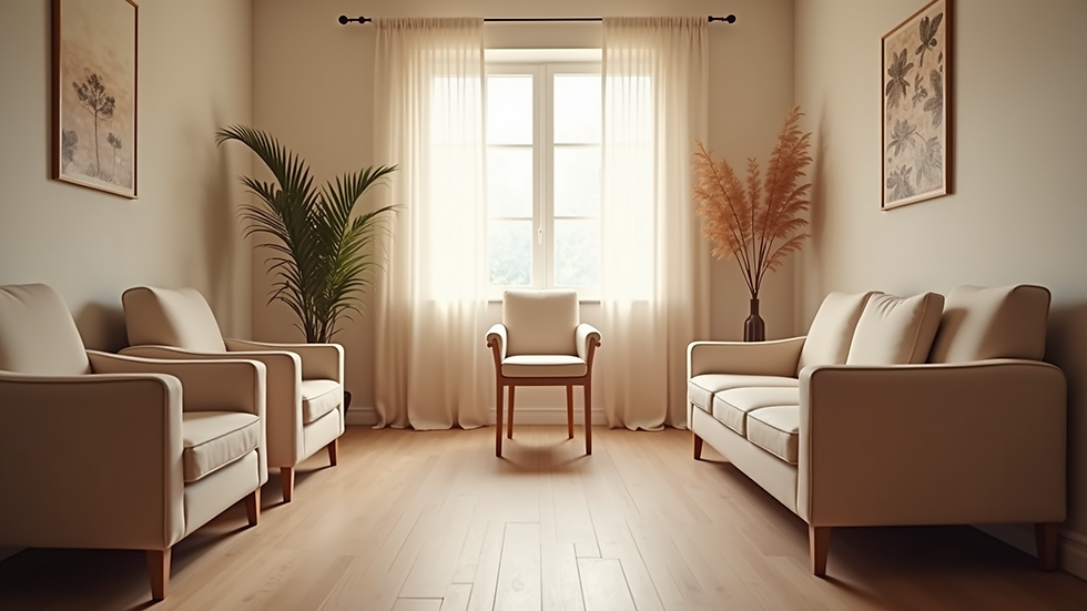 Eye-level view of a calm therapy room with comfortable chairs and soft lighting