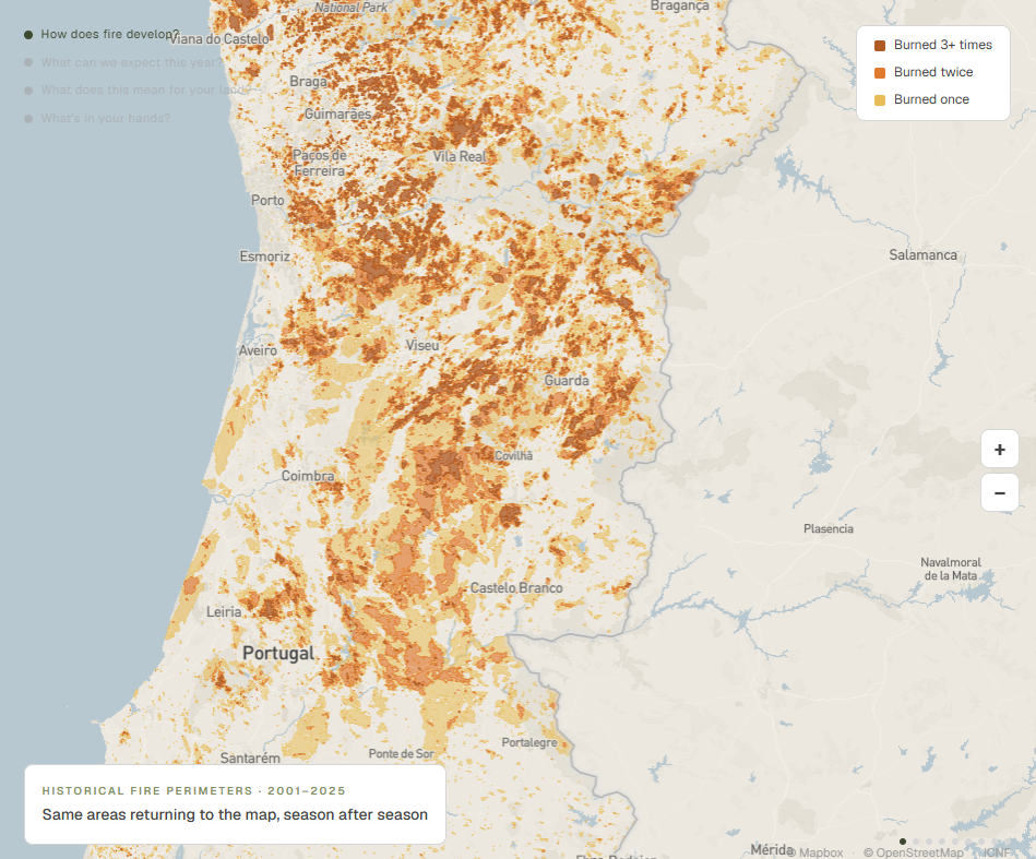 Incidencia histórica de incendios en Portugal entre 2001 y 2025