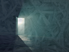 Conceptual image of door opening overlaid with shredded paper