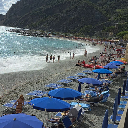 view of beach with many umbrellas and beach chairs and people in the water