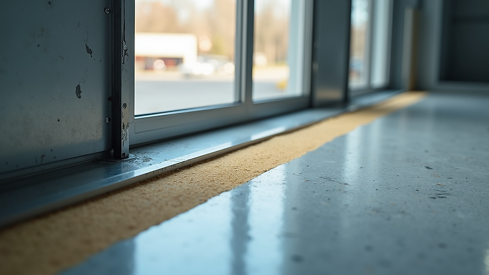 High angle view of an insulated steel door panel showing thermal insulation layers