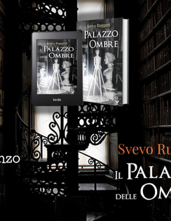 Immagine promozionale del romanzo Il Palazzo delle Ombre di Svevo Ruggeri Scrittore, in cui si vede una scala a chiocciola in ferro battuto, all'interno di una biblioteca, oltre al titolo del romanzo e alla sua copertina