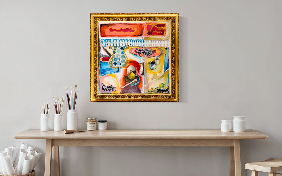 Miniaturbild: Table with Domino and Kimono. 2020  Acryl Mixed Media on Canvas 
