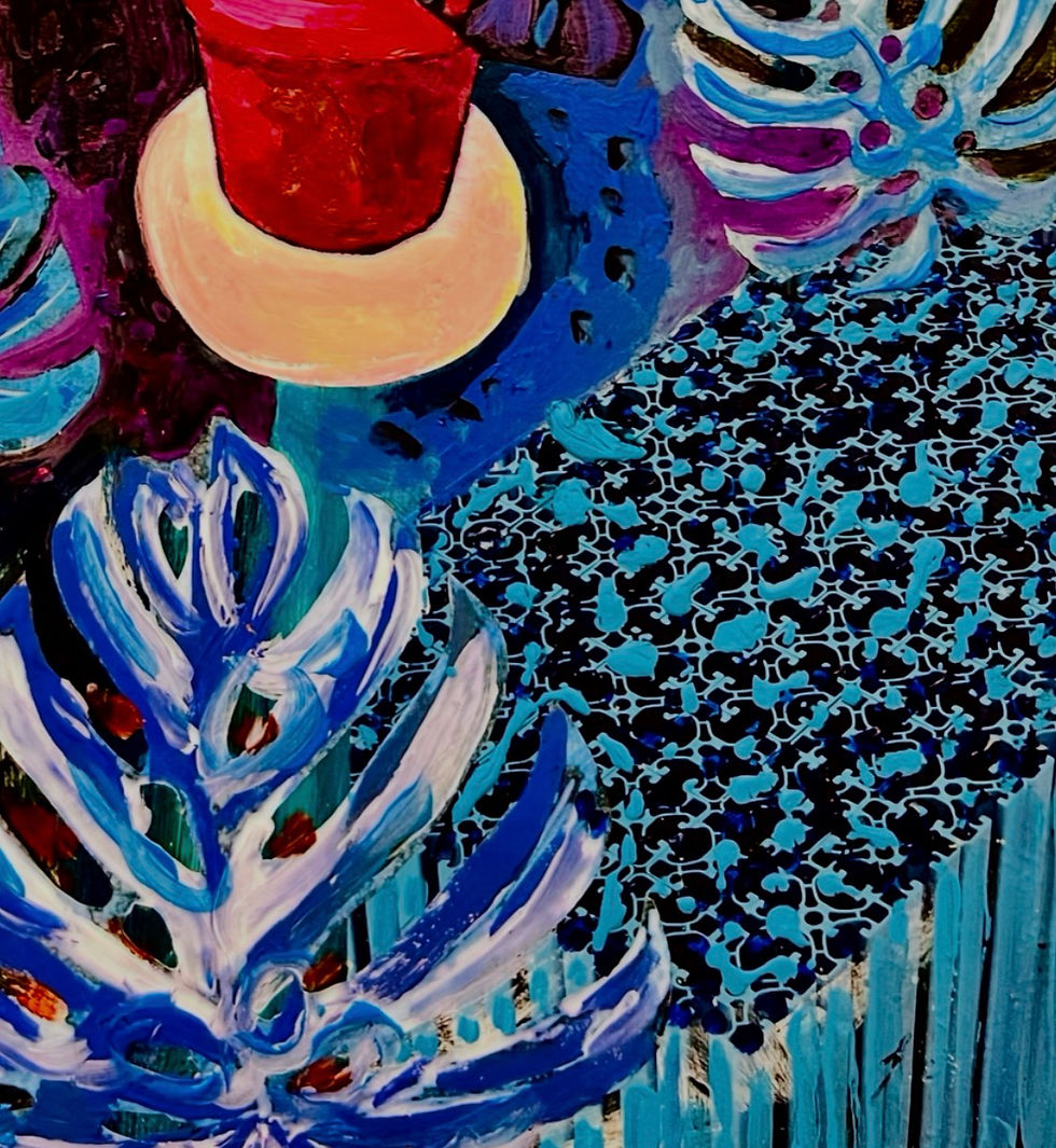 Miniaturbild: Eclectic Still Life with blue Monstera Deliciosa. 2024 Acryl Mixed Media 