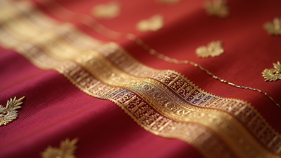Close-up view of intricate gold zari work on Banarasi silk saree