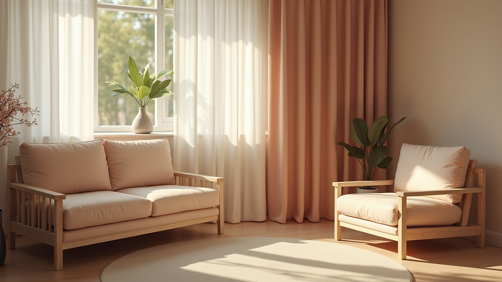 Close-up view of a cozy therapy room with calming colors and comfortable furniture
