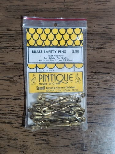 Scovill Sewing Notions Division Pintique Vintage Brass or Enamelled Safety Pins in Small(3/4") or Large(2") Sizes (Gilt, Nickel, Black, Red, Turqoise, Royal Blue, Brown, Yellow or White Colors)