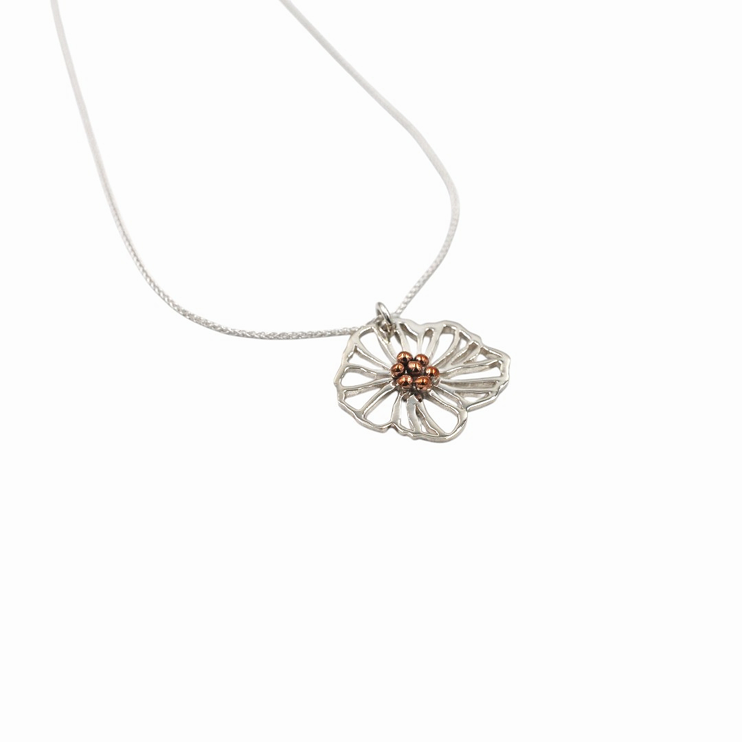 "Flori", pendentif argent forme de grande fleur et cœur de cuivre