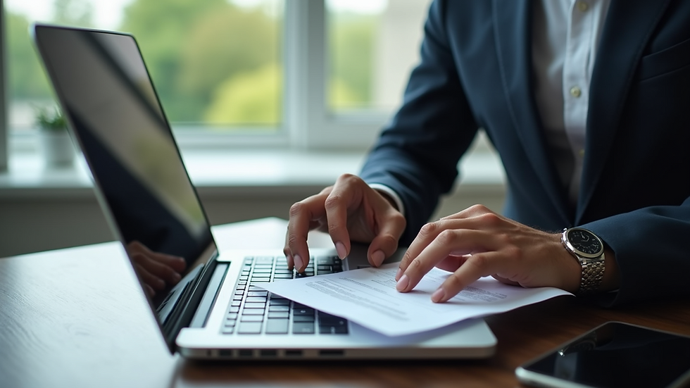 High angle view of a business owner reviewing insurance policies on a laptop