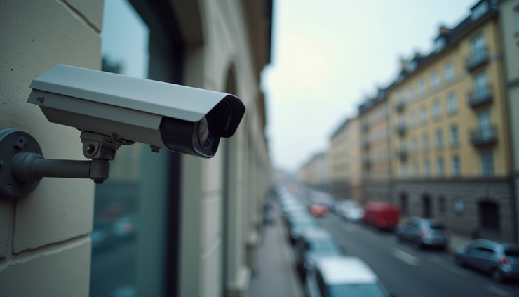 Eye-level view of a CCTV camera mounted on a building exterior