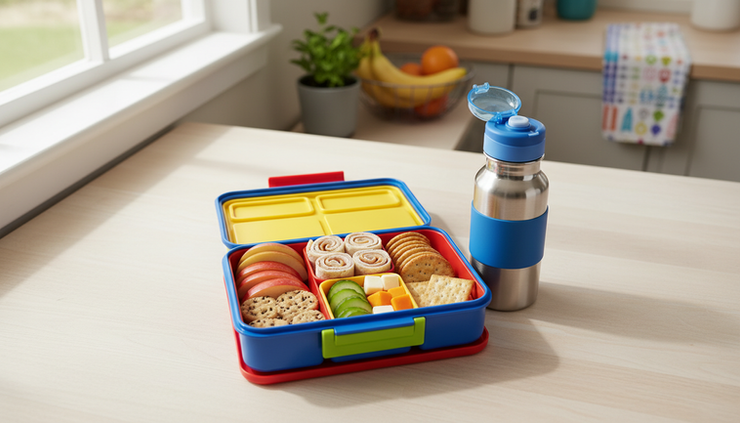 Overhead view of a colorful school lunchbox with fruit, wraps, vegetables, and a water bottle