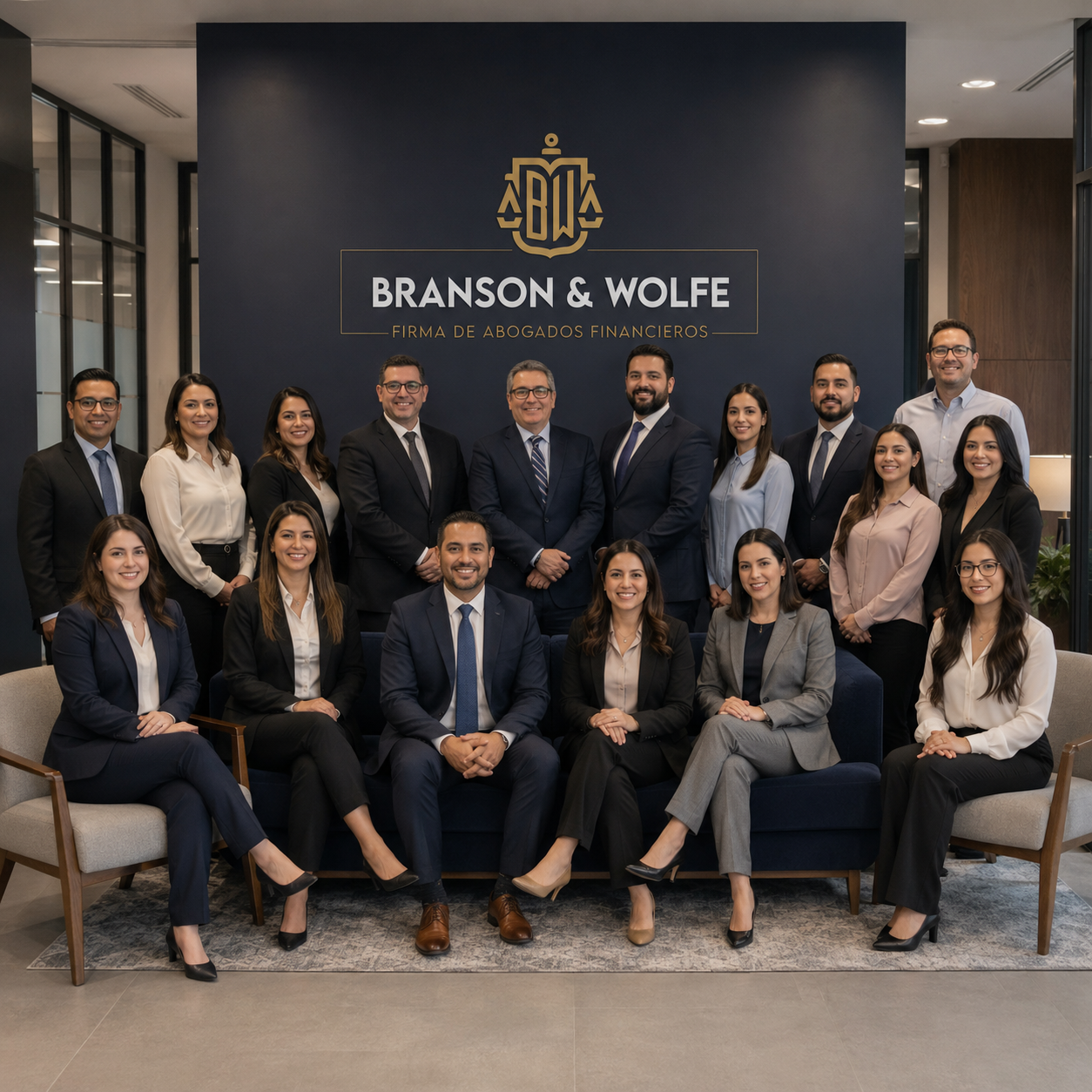 Equipo de abogados y atención al cliente de Branson & Wolfe en su oficina