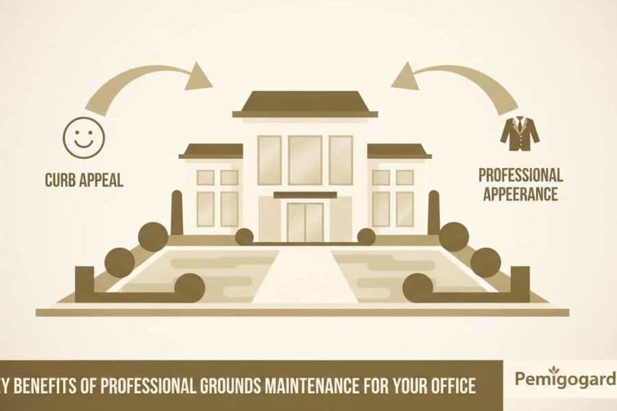 Illustration showing the benefits of regular grounds maintenance for offices