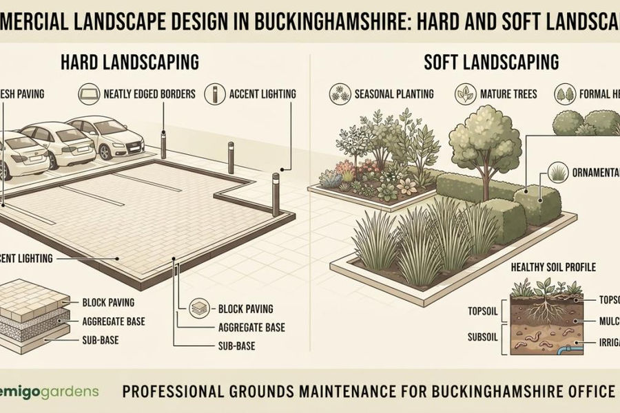 Professional illustration showing professional landscaping for buckinghamshire office sites